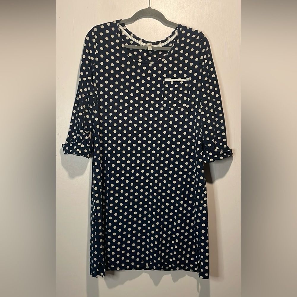 Soma- Dark Blue with Cream Polka Dots Nightgown Cuffed Sleeves- Flaw! Size L